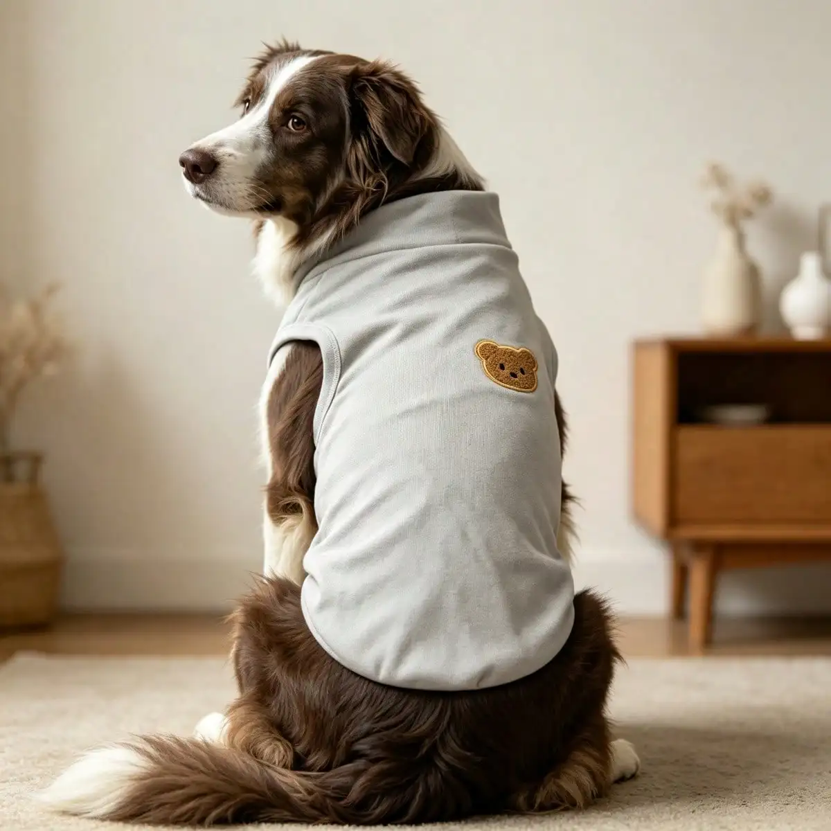 Ärmelloses Rollkragen-Hundeweste für große Hunde, weiche Strickkleidung für Haustiere mit niedlichem Bären-Applikationsaufnäher, warmes Hausoutfit – Detail 24