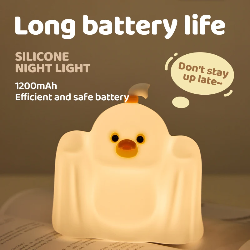 Lampu Malam LED Bentuk Bebek Hantu Lucu yang Dapat Diisi Ulang dengan Tiga Tingkat Peredupan dan Pengaturan Waktu, Lampu Tidur untuk Dekorasi Kamar Anak Halloween, Hadiah
