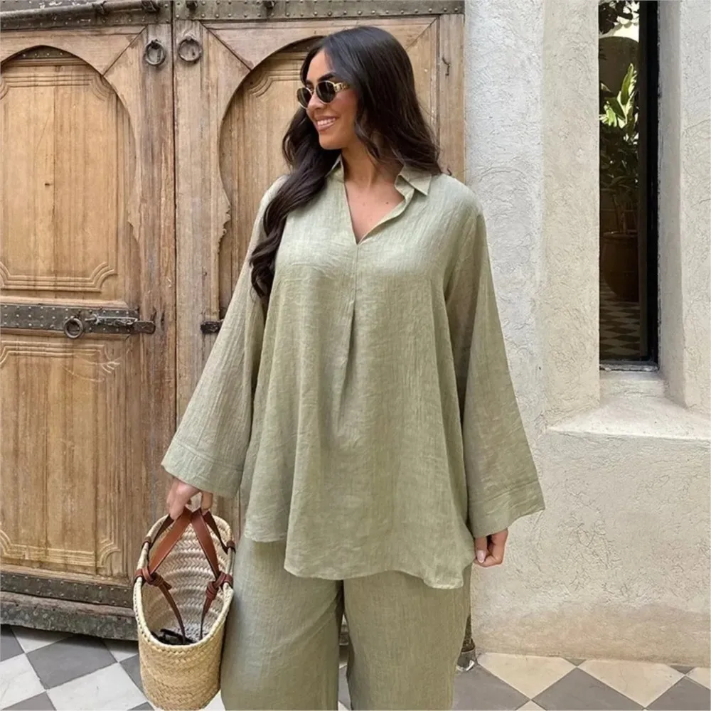 2025 Nuova Primavera Autunno Vestito delle Donne Con Scollo A V Moda Camicetta A Maniche Lunghe + Pantaloni a Gamba Larga Temperamento Camicia Pendolare Set a Due Pezzi