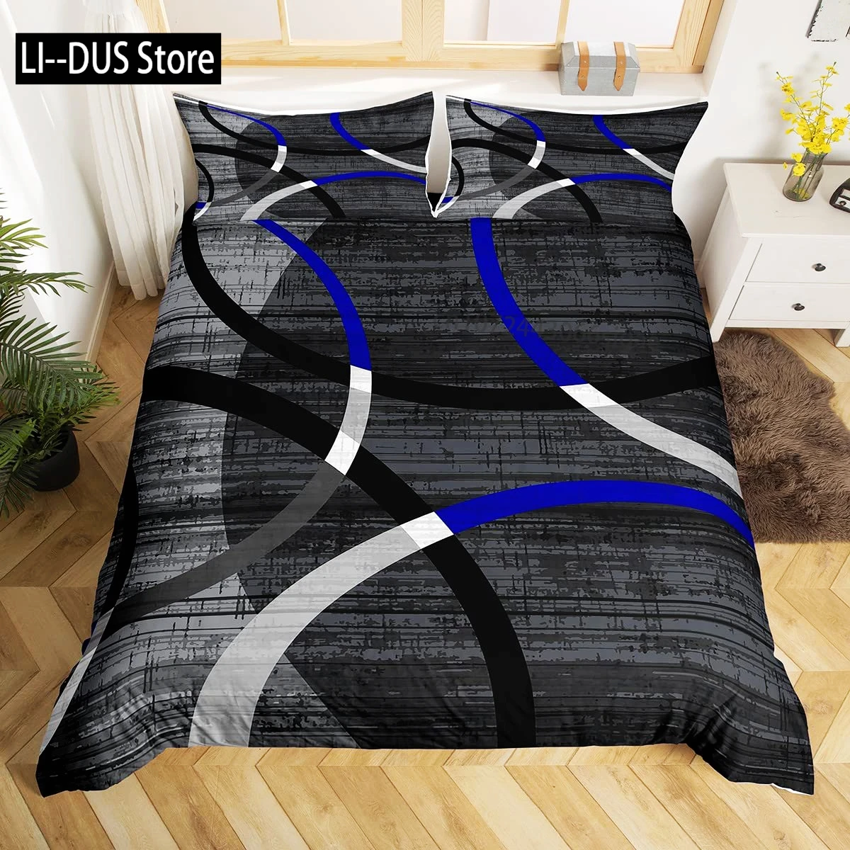 

Square Lines Bedding Set, Black Line Duvet Cover for Kids Teen Boys Girls,Modern Abstract Comforter Cover Decorative Room 3pcs