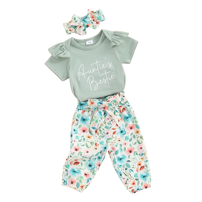 

Newborn Baby Girl Outfits Auntie Is My Bestie Short Sleeve Romper Floral Pants Headband 3Pcs Coming Home Outfit