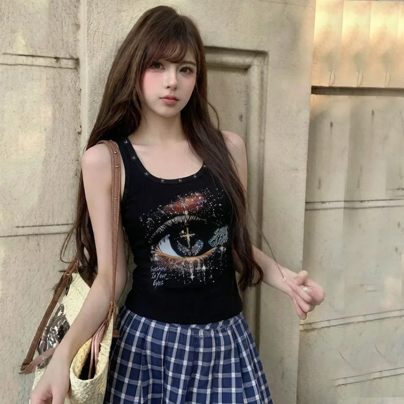 Sub-Culture Harajuku Fashion Street Punk Retro Big Eyes Cross Printed Rivet Decoration I-shaped Sleeveless Rib Short Lady Vest
