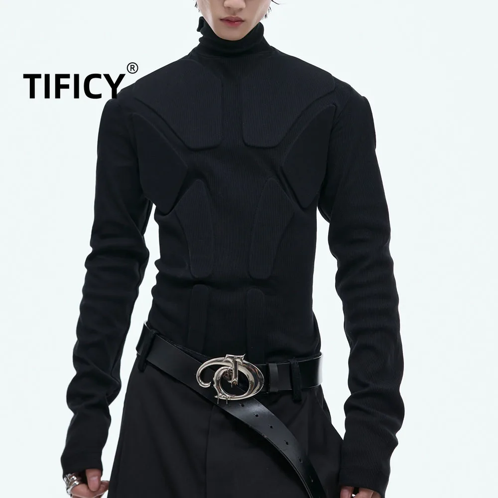 

Футболки High Street, футболки, топы, мужские тяжелые трехмерные доспехи, черная базовая рубашка с высоким воротником и длинными рукавами, облегающий топ