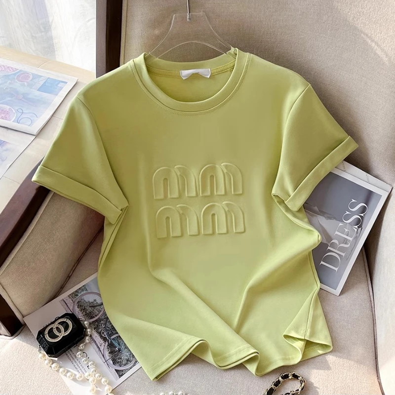 SummerOversize Loose T-shirt Pink Cotton Embossed Letter Top Women's 2024 New High Quality Korean Casual Slim Short-Sleeved Tees