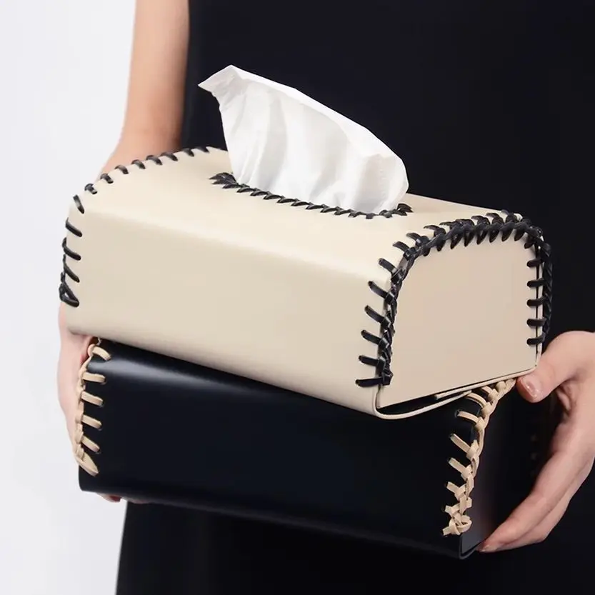 

Rectangular Tissue Case Light Luxury High-end Tissue Box Tissue Box Handcrafted Leather Two-color Woven Dining Table Decoration
