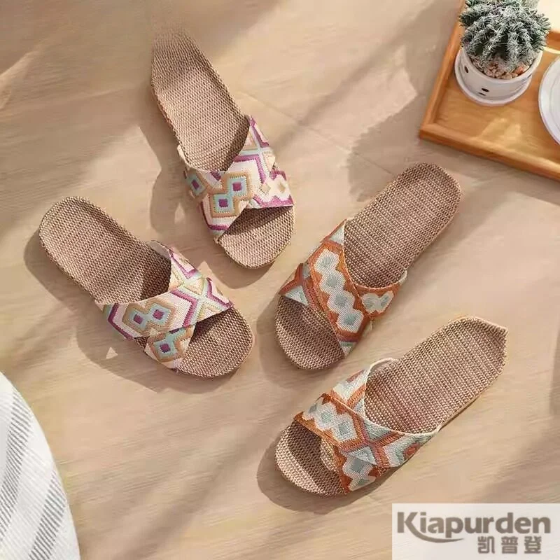 Home Linen Slippers Soft Bottom Anti-Slip Men's Summer New Wicker Grass Woven Indoor Floor Cool Thick Bottom Can Be Worn outside