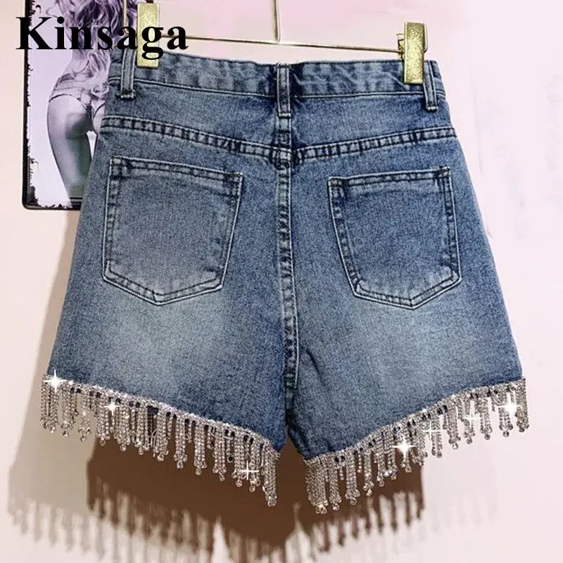 Boutique Rhinestone Purl Jean Shorts Women Street Patchwork Studded Diamond Demin Hot Shorts High Waist Wide Leg Tassels Bermuda