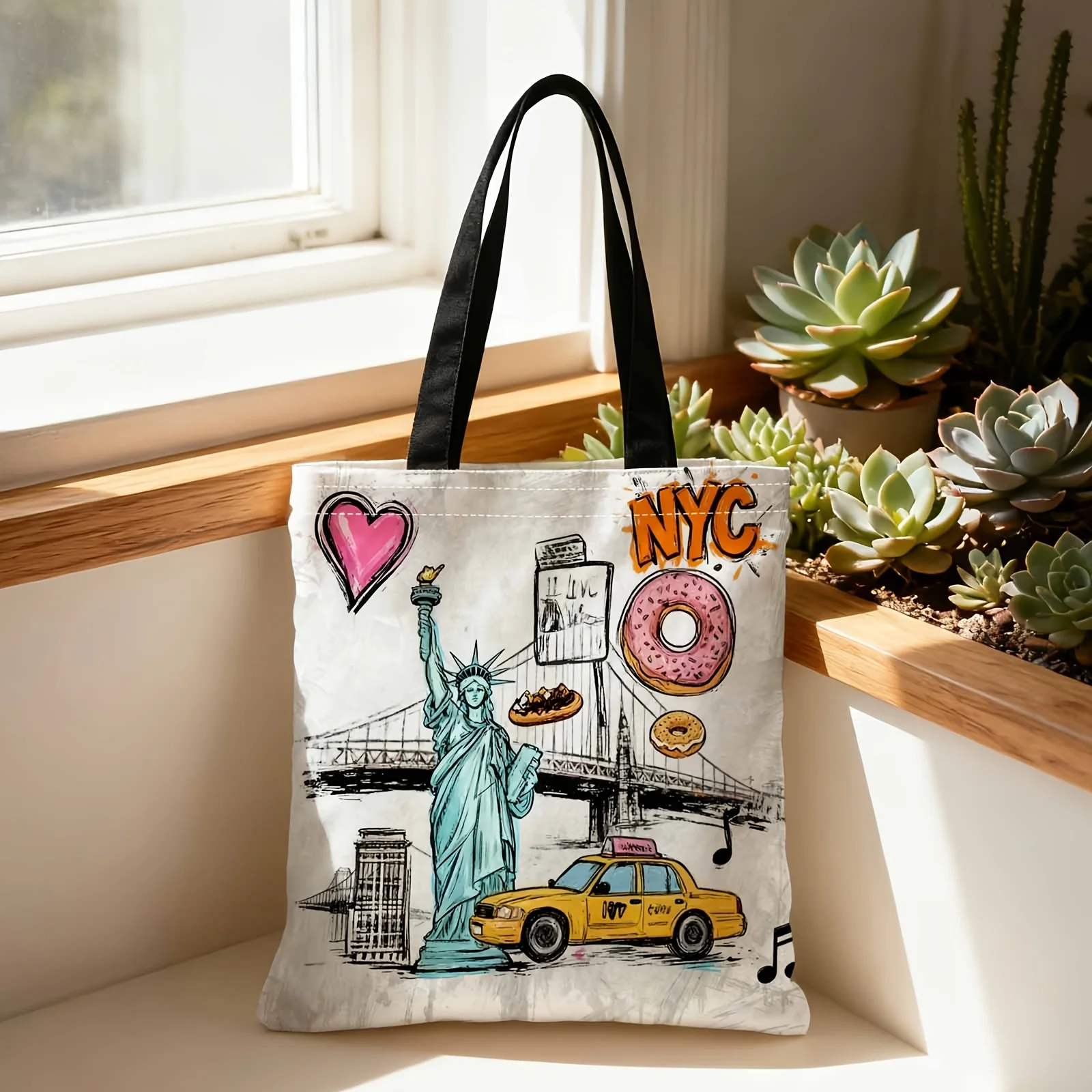 1pc Women' Large New York Tote Bag with Statue of Liberty & Taxi Donut Thickened Lightweight Storage Pouch Daily Use