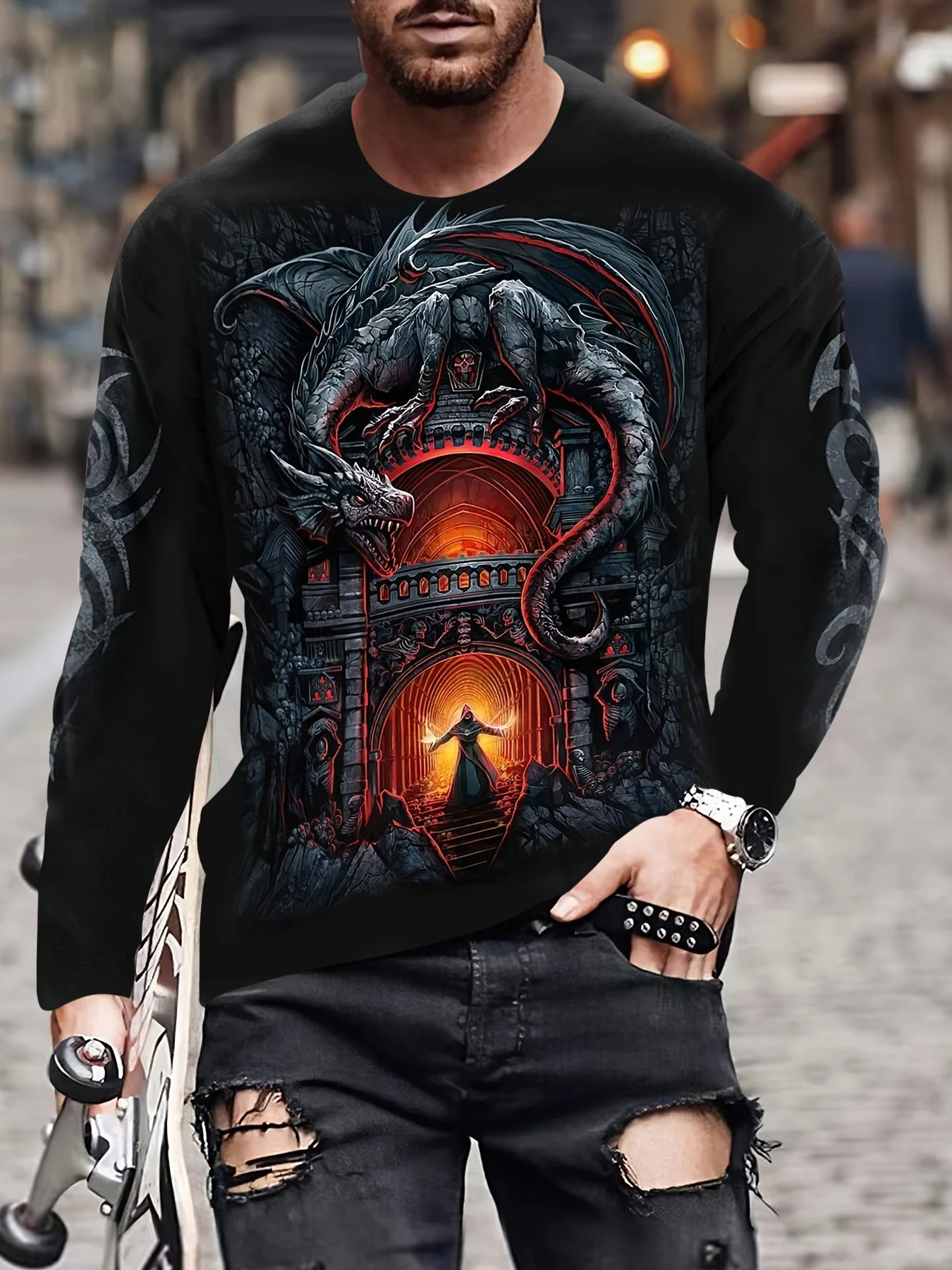 

Men's Plus Size 3D Print Long Sleeve T-Shirt - Casual & Sporty, Stretch Fabric, Machine Washable,