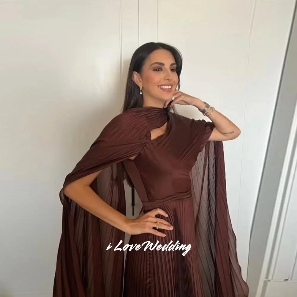 فساتين سهرة بنية بياقة عالية 2025 بأكمام طويلة شال على شكل حرف a للحفلات الراقصة بطول الشاي مطوي فساتين حفلات الزفاف حسب الطلب