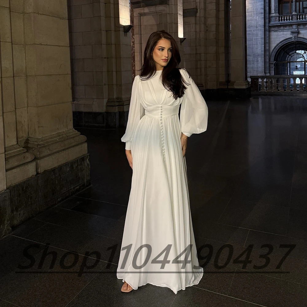 Dostosowane O-neck biała szyfonowa drapowana suknia wieczorowa ozdoba na guziki pełne rękawy ILLUSION linia A długość do podłogi na imprezę bal suknia