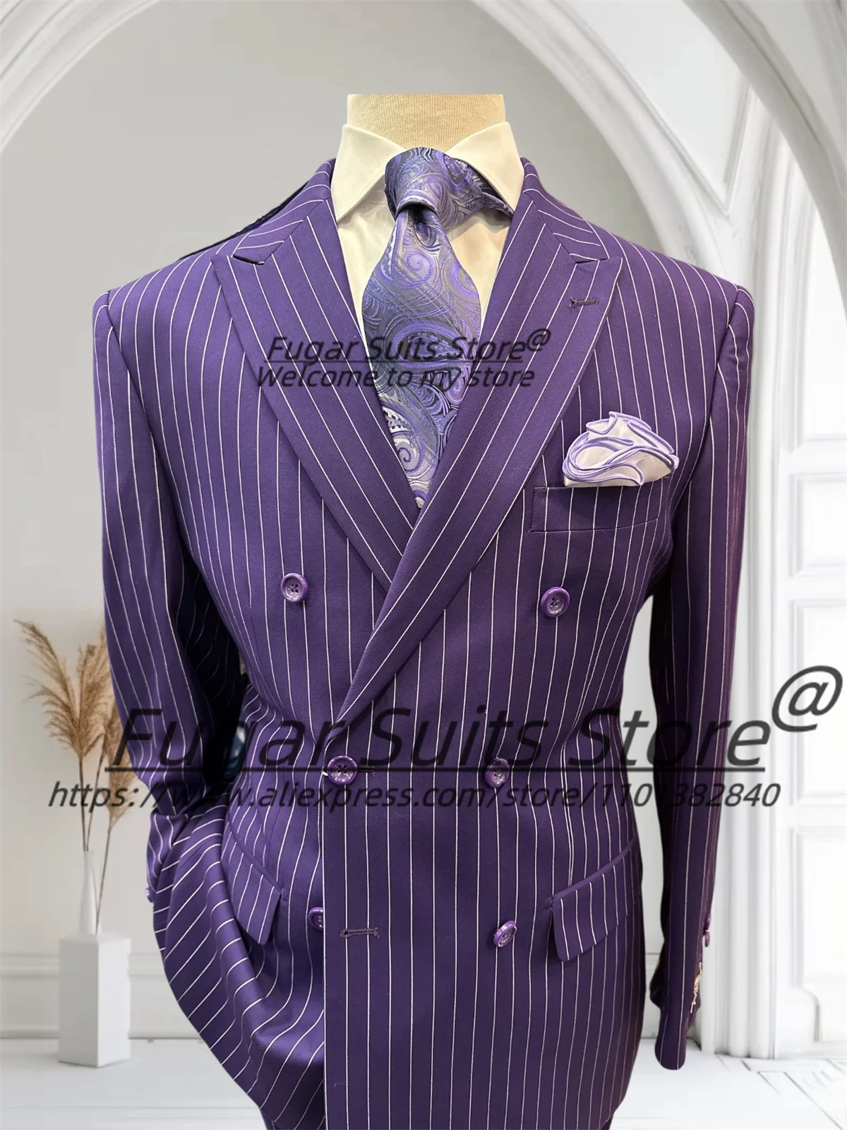 

Business Purple Stripe Men Suits Customized Slim Fit Double Breasted Groom Wedding Tuxedos Formal 2 Pcs Sets Male Party Blazers