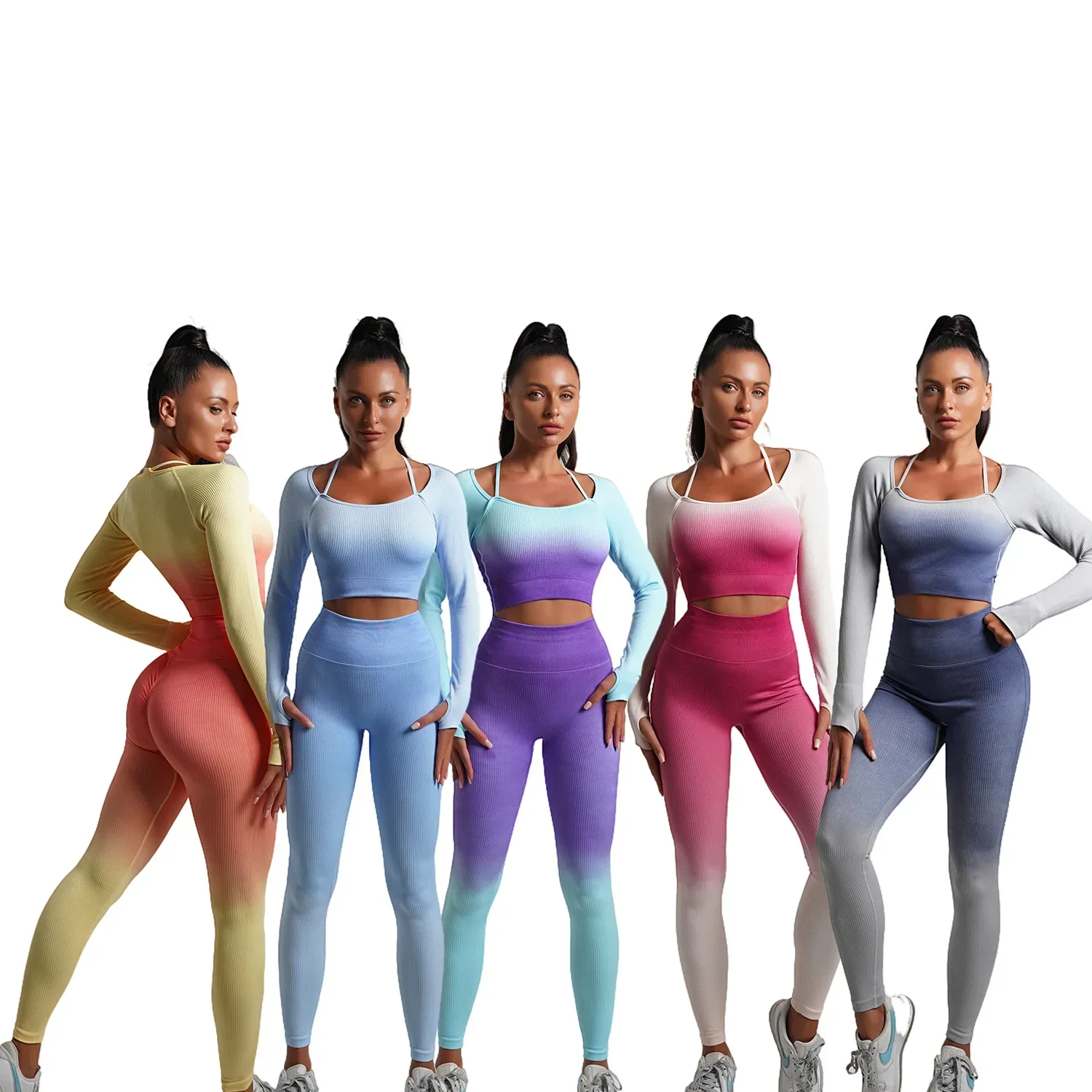 Seamless Gradient Yoga Sets Sports Fitness High Waist Hip-Lifting Pants Long-Sleeved Suits Workout Gym Leggings Sets for Women