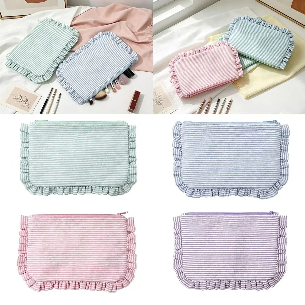 Durable Ruffle Striped Makeup Bag Large Capacity Portable Cosmetic Pouch Zipper Handbag Home&Travel