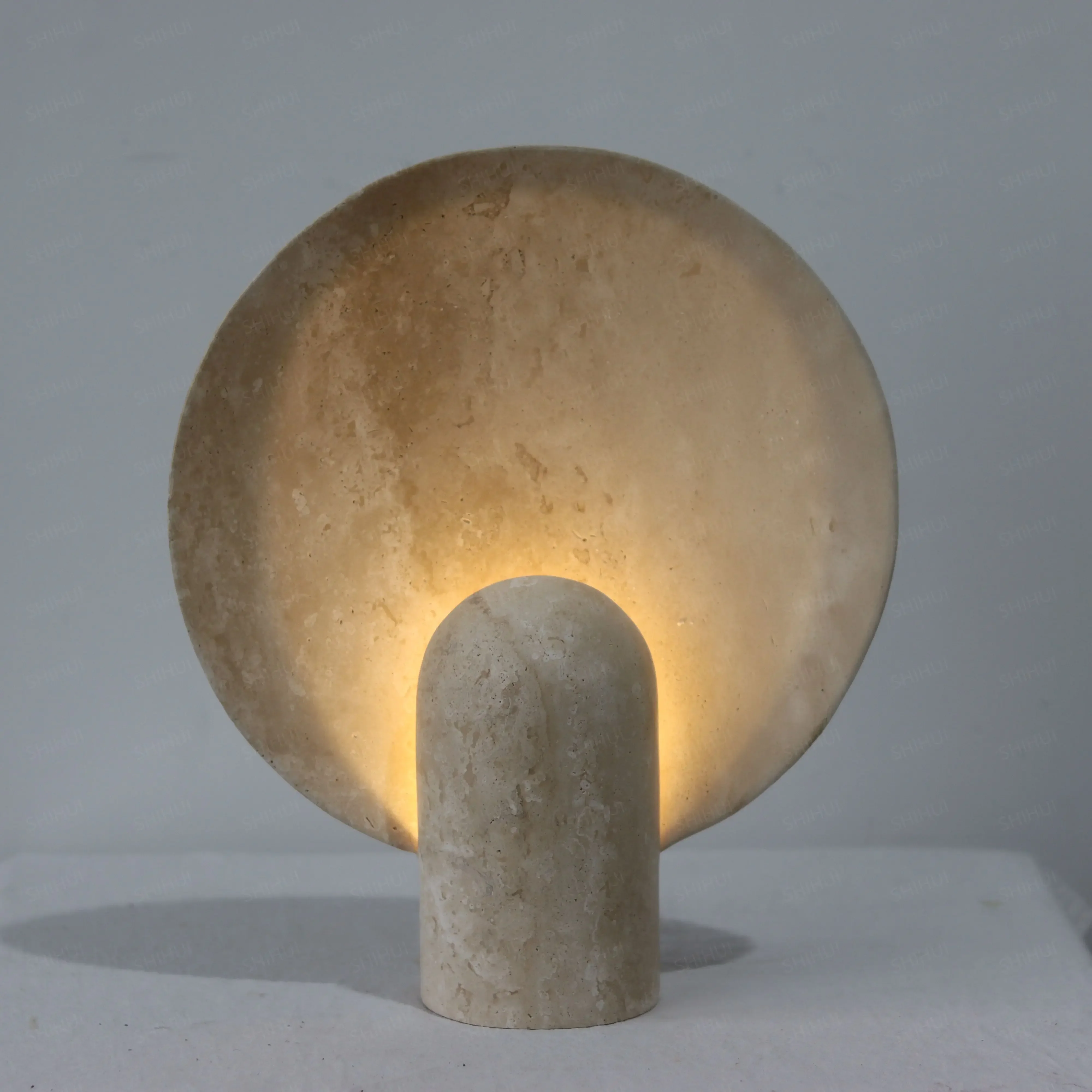 SHIHUI Home Decor Natural Stone Round Shape Beige Travertine Bedside Lamp Marble Villa Decoration Desk Table Lamp