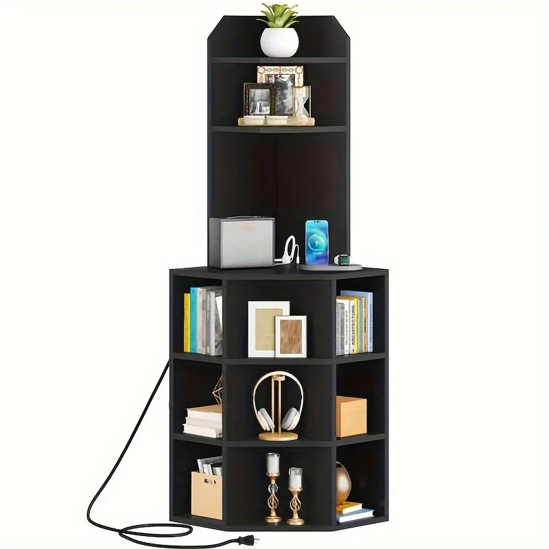 Phabules 5- Tier Corner Shelf with USB Ports and Outlets, Industrial Corner Bookshelf Bookcase Display Shelves Rack Storage