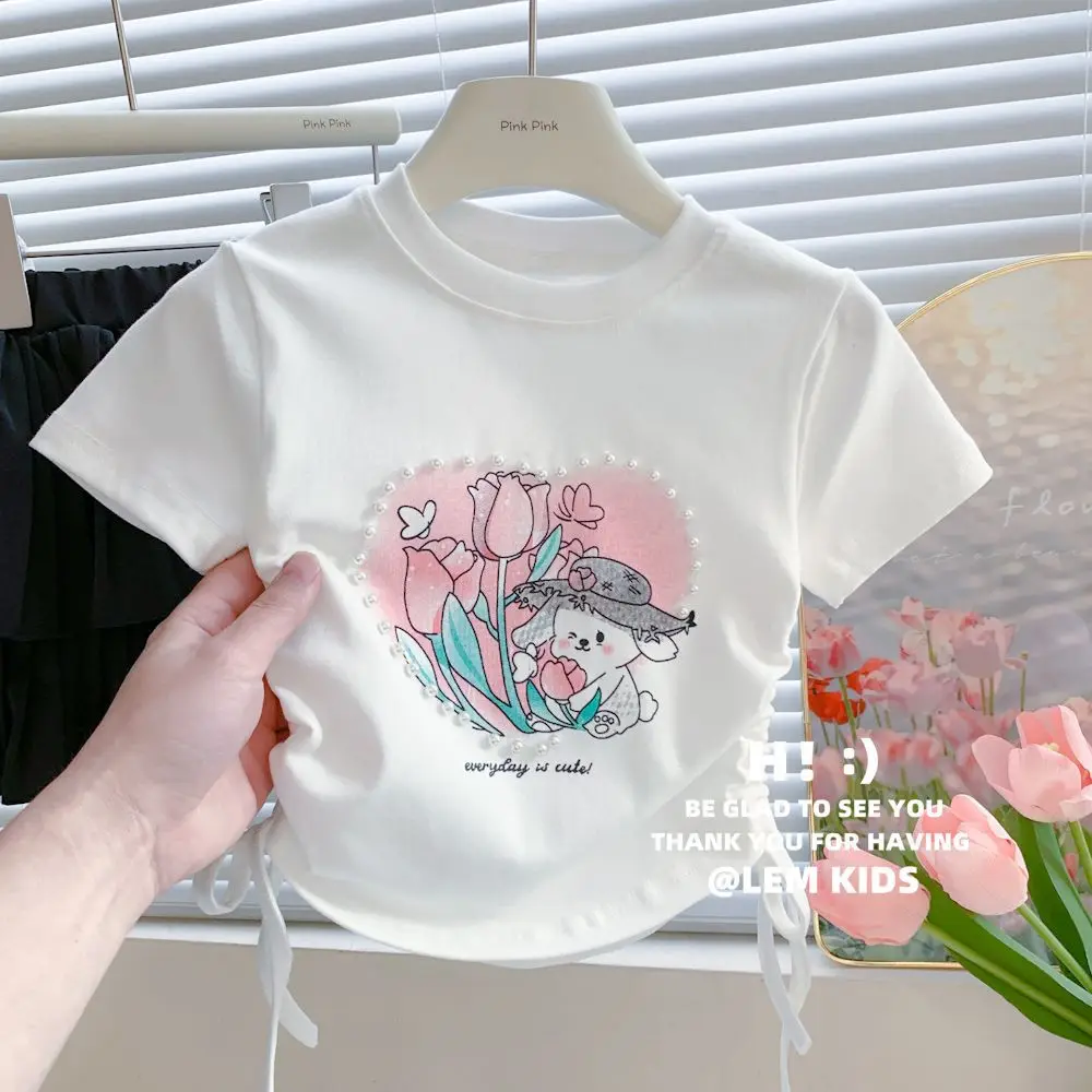 T Shirt for Girls Baby Girl Drawstring Half-sleeved Ice Silk Top Summer Pearl Love Sweet Cartoon Short-sleeved T-shirt