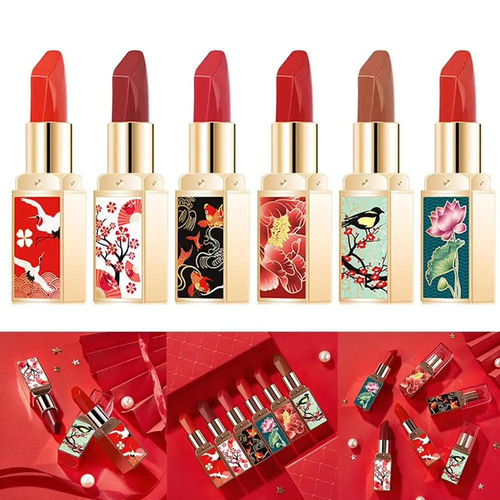 Lápiz labial de estilo chino tradicional, pintalabios rojo liso, suave, mate, 6 colores, maquillaje de labios chino, resistente al agua de larga duración