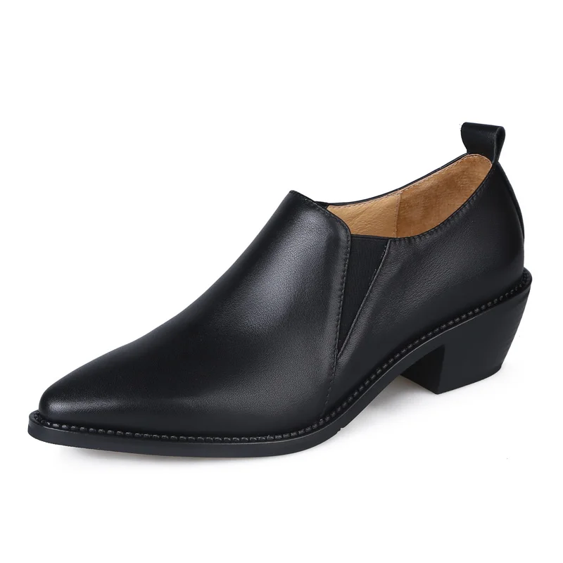 

100% Genuine Leather Women Loafers SmallHut New 2023 Spring Autumn Black Brown Pointed Toe High Heels Neutral Ladies Dress Shoes