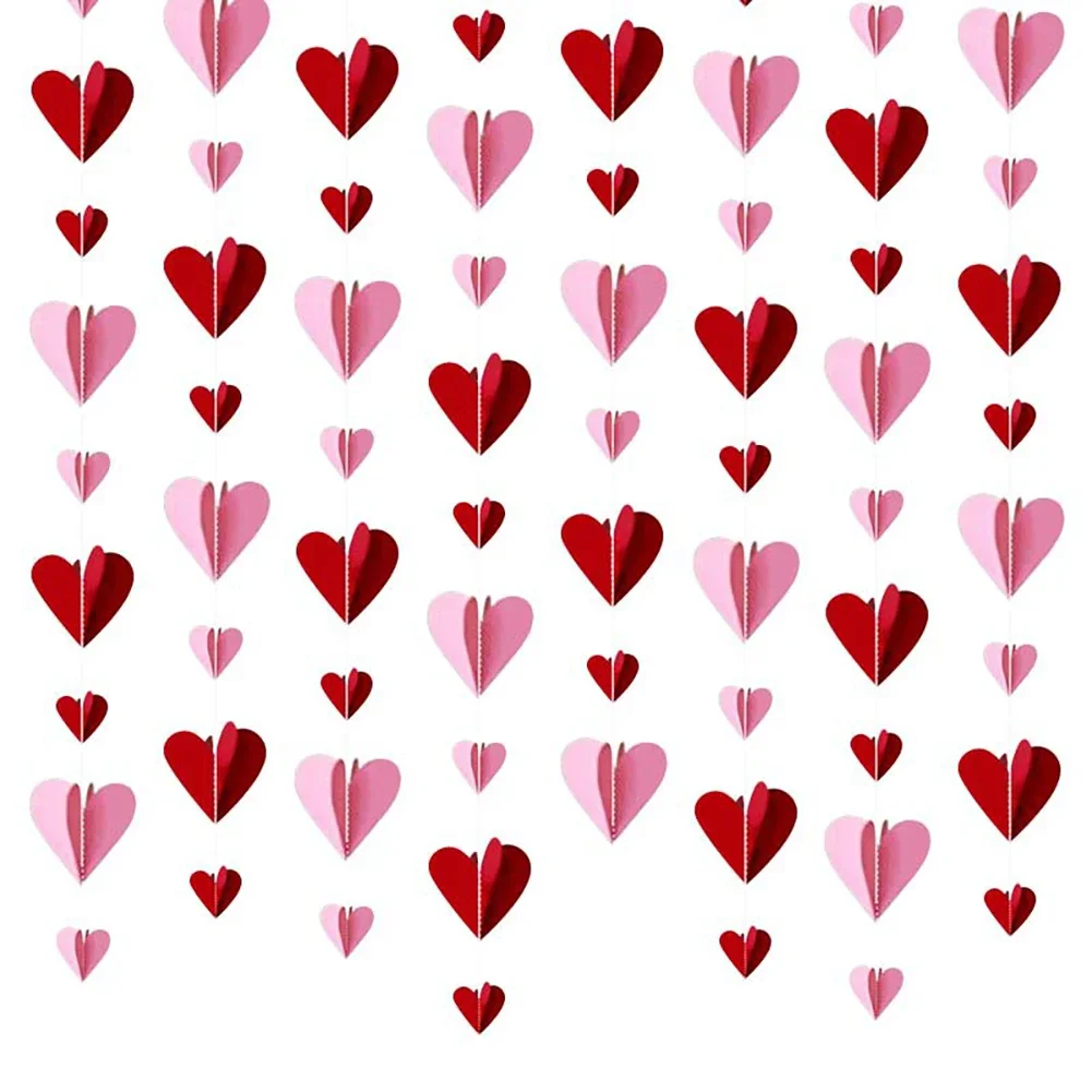 

6PCS Valentine's Day Paper Garlands 3D Heart Red Pink Heart Hanging String Garland For Festive Party Wedding DIY Decorations