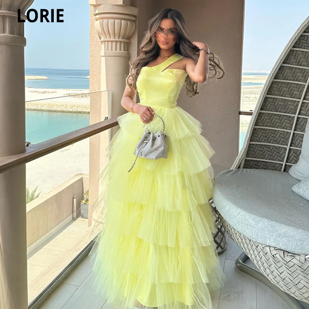 

LORIE Modern Yellow Tulle Evening Dresses One Shoulder Sleeveless Long A Line Party Dresses Tiered Sharonsaid Vestidos De Gala