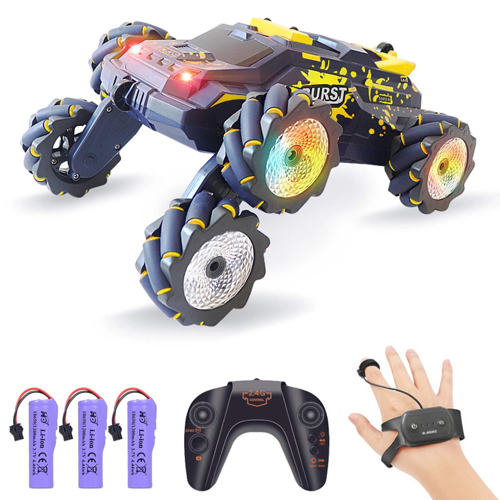 

Автомобиль с дистанционным управлением, 2,4 ГГц, электрический гоночный трюковый автомобиль с распылителем, музыкальная двухсторонняя 360° ° Вращение 3 батареи 6WD Рука