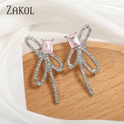 ZAKOL Fashion Pink Geometric Zircon Bow Stud Earrings Creative Crystal CZ Party Banquet Jewelry for Women