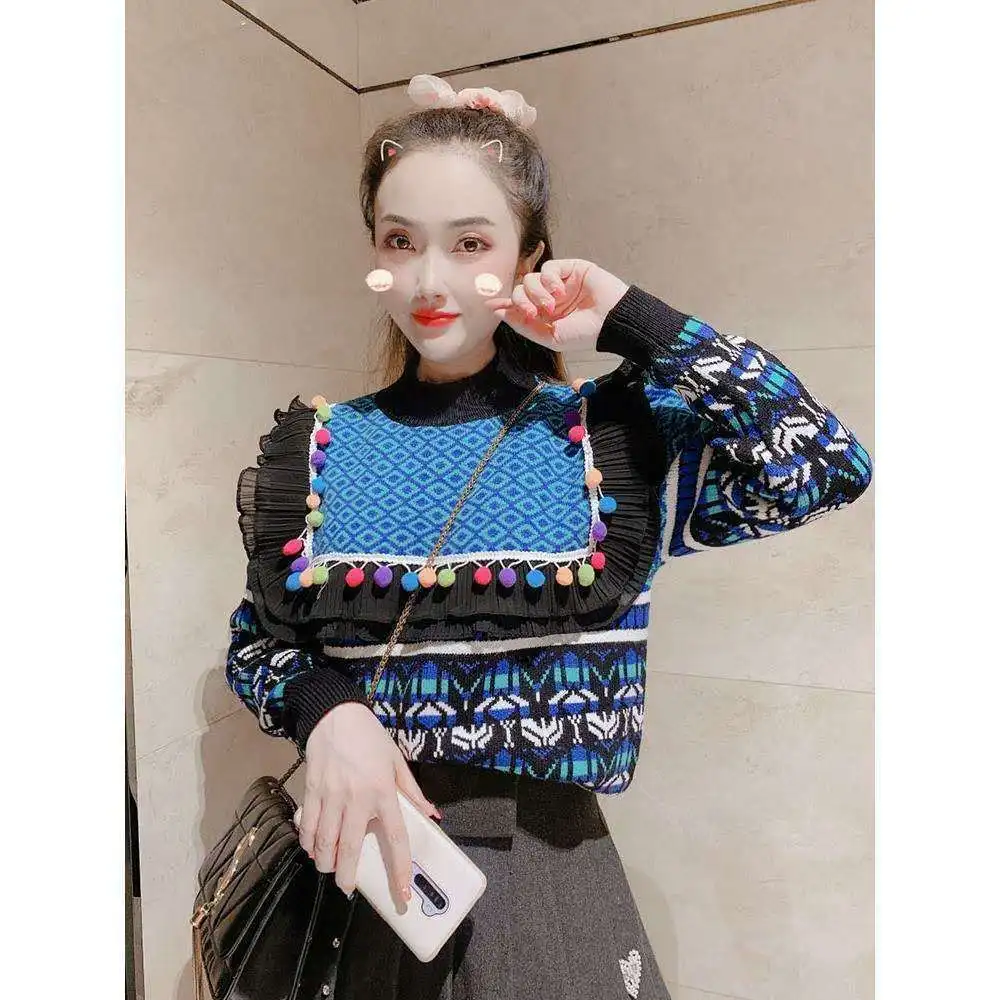 Fashion Western Style Ruffles Long Sleeves Korean Tops 2024 Spring New Sweet Round Neck Color Collision Loose Sweater Pullovers