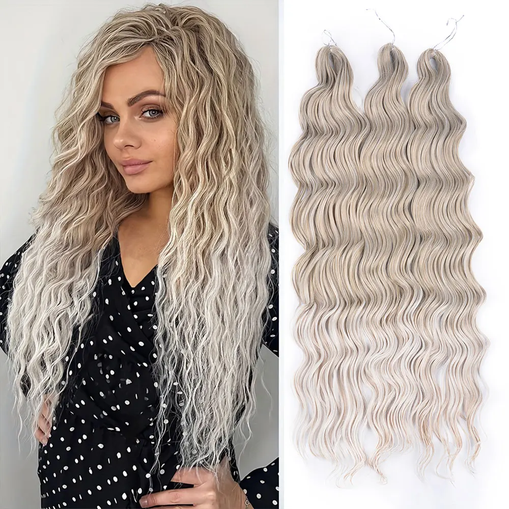 

Синтетические волосы Lena, плетение глубоких волн, наращивание волос, 24-дюймовая волна воды, вязанная крючком коса, омбре, блондинка, искусственные волосы для женщин