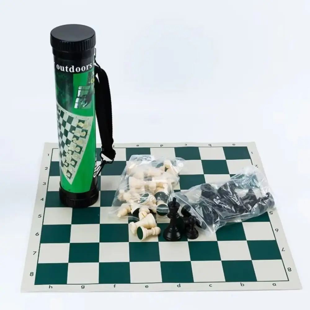 

Board Games Folding Chessboard 34cm/50cm Packing Bucket Outdoor Travel Chess Set PVC Mat Black and White Kids Chess Set