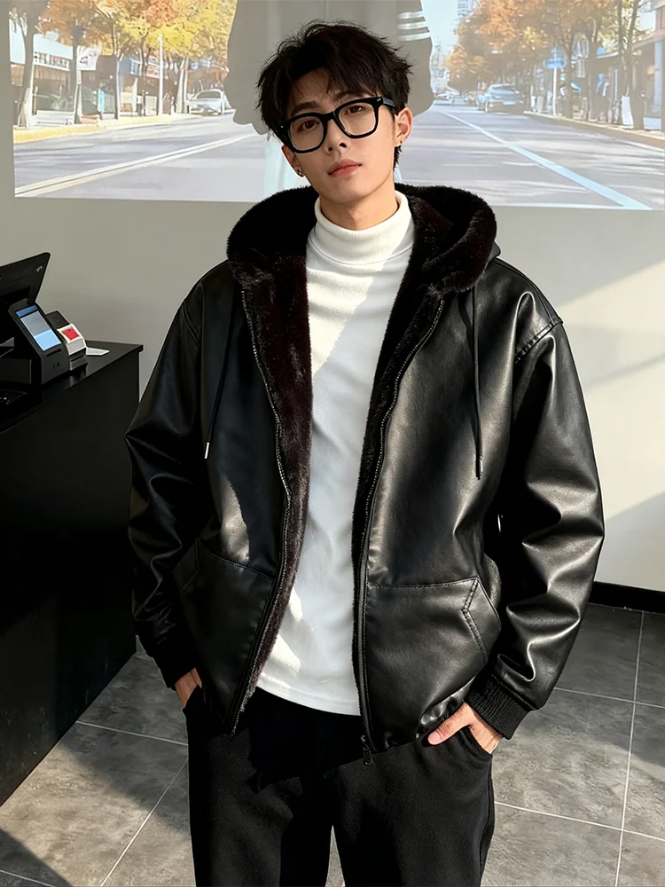 

Men's Winter Thiened PU Leather Jaet Rabbit Fur Simulation Double-Sided Wear Hat Cotton Clothes American Sle Motorcycle...