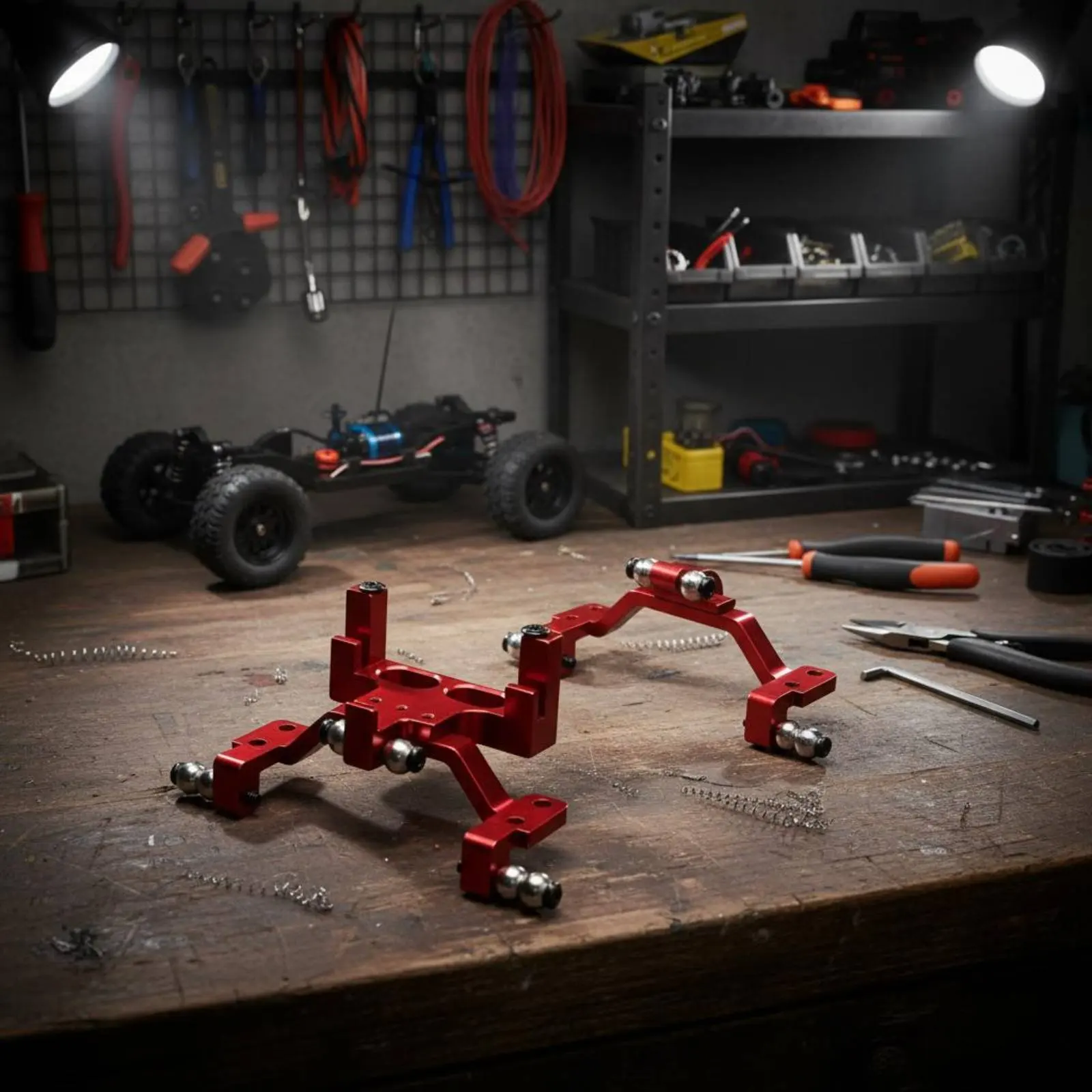 Image 7: Support de servo pour voiture RC usiné CNC, support de servo RC en aluminium, support de liaison de direction finition anodisée rouge, ensemble de liens de direction