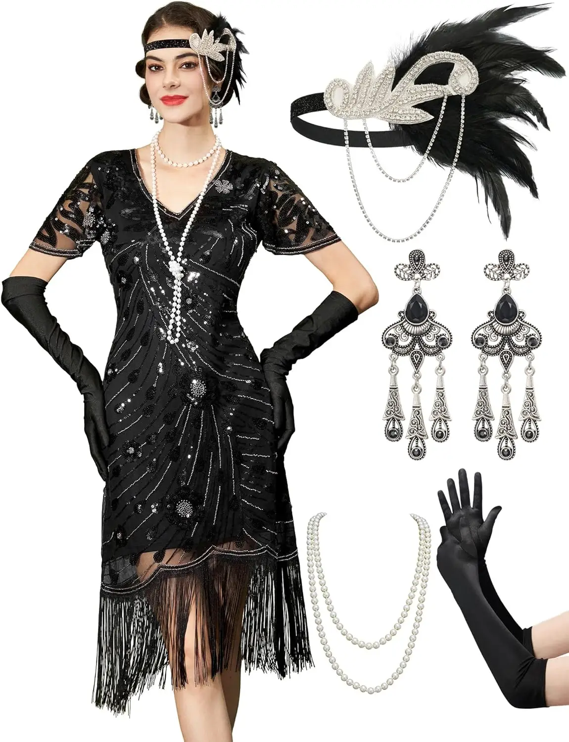 Flapper Jurken jaren 1920, Geweldige Gatsby Jurken voor Vrouwen Fringe Roaring 20s Kostuums met 20s Accessoires voor Harlem Nights