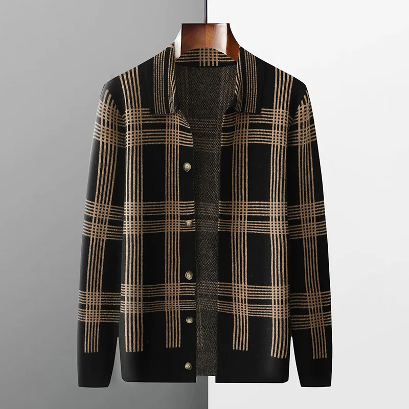 Autumn And Winter New 100% Pure Wool Cardigan Men's Plaid Coat Loose Coat Polo Lapel Sweater