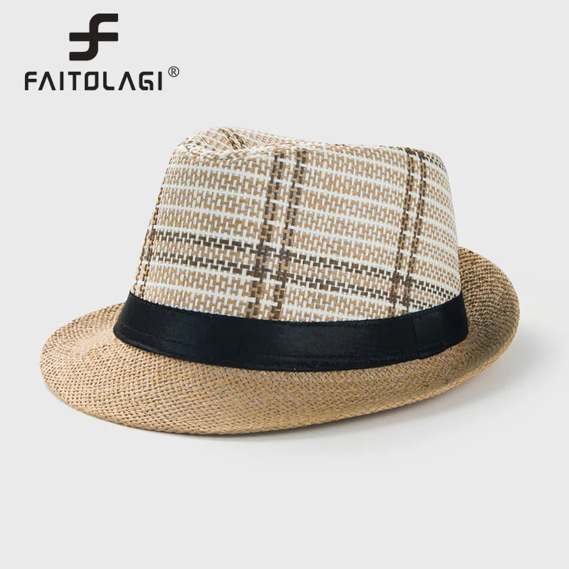 Men Straw Hat Fashion Trendy Ribbon Fedoras Solid Color Casual Cowboy Jazz Cap Male Gangster Caps Summer Beach Sun Hats Bonnet