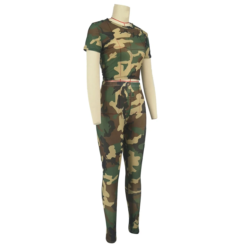 Summer Camouflage Print 2 Piece Sets Women Outfits Short Sleeve O-neck Top and Pants Sporty Suit Casual Fitness Tracksuit Women