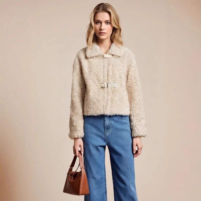 

Lapel Short Faux Fur Jacket Solid Leather Buckle White Plush Coat Casual Luxury Warm Thick Women’s Faux Wool Furry Jacket Fluffy