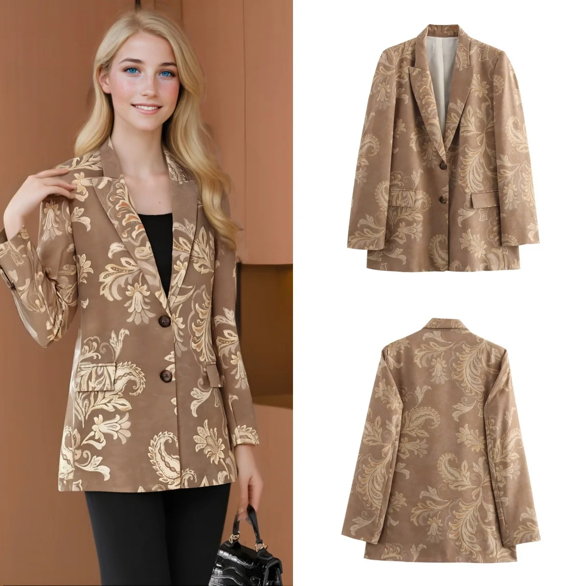 

Европейский и американский женский облегающий пиджак с воротником и принтом, повседневная верхняя одежда на весну и осень