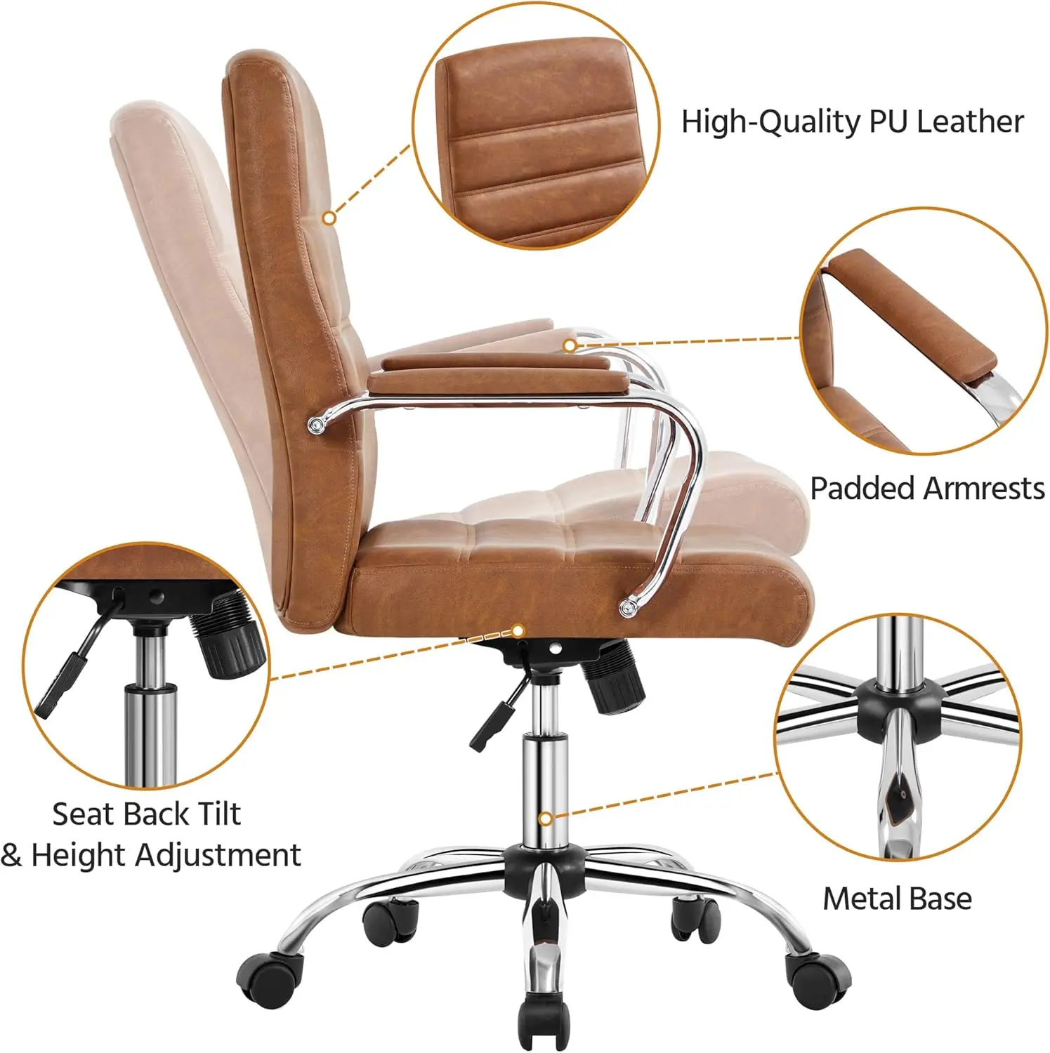 Ergonomic office chair with armrests and 360 ° rotating PU leather height adjustable executive chair