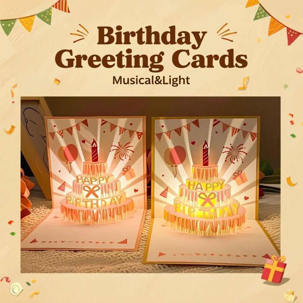

Musical and Light Musical Birthday Greeting Cards Hollow Paper Carving Led Birthday Cake Postcards with Envelope Unique