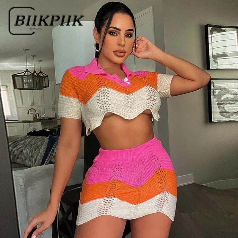 

BIIKPIIK Contrasting Gradient Fashion Knit Women Skirts Set Sexy Irregular Crop Top + Skirts Casual Clubwear Suit Birthday Party