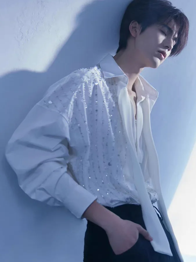 Zhang Ling He White Loose Heavy Work Sequin Chain Long Sleeve Casual Shirt Stage Style Loose Fit Polyester Youth Autumn Winter