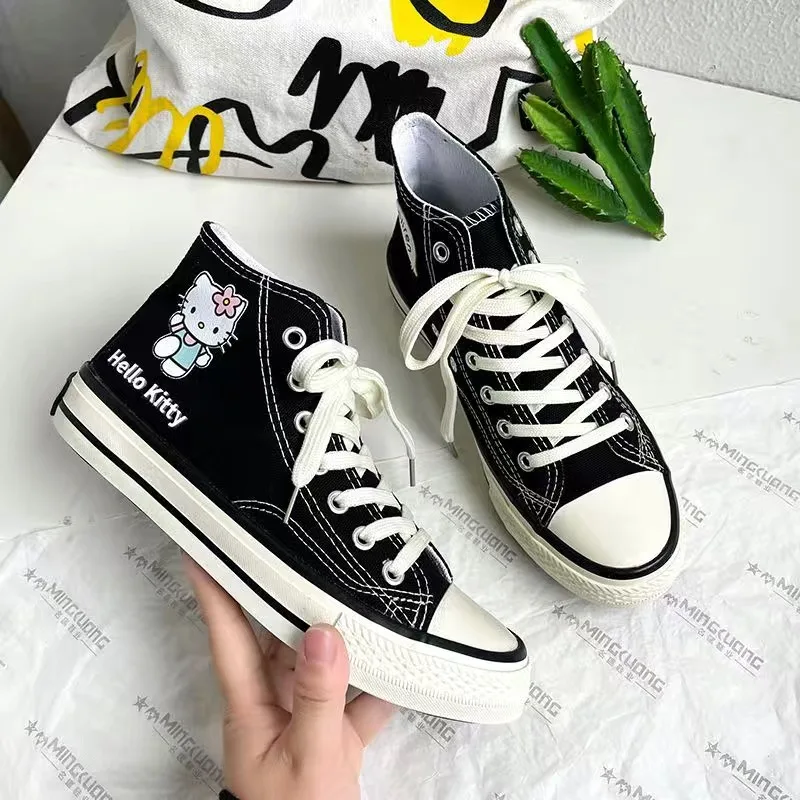 Sanrio Hello Kitty High Top Canvas Shoes Student Cartoon Graffiti Skateboard Shoes Kawaii Girls Preppy Style Versatile Sneakers