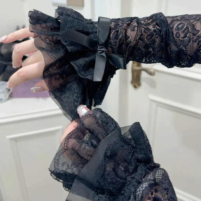 

New Bow Lace Sleeve Set for Women Sun Protection Hollow Out Lace Fingerless Gloves Y2K Bridal Wrist Gloves