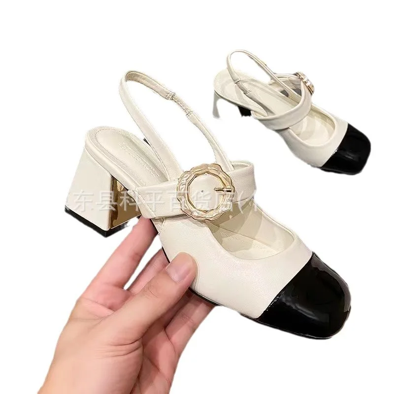 Clear Heels Square Toe Mary Jane Bow Shoes Luxury Sandals 2024 Summer Shallow Mouth Suit Female Beige Fashion High Girls Retro C