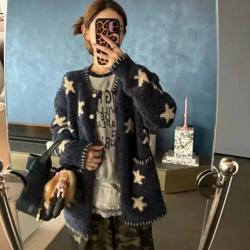2025 inverno coreano vintage estrela impressão de malha cardigan feminino harajuku camisola manga longa casual outerwear senhoras malhas