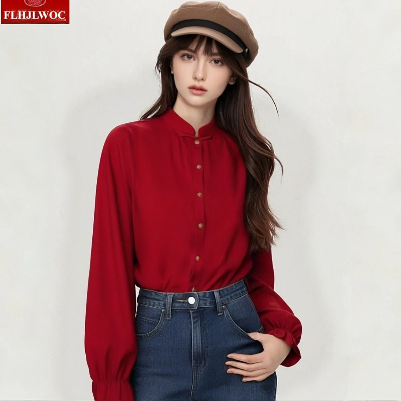 

New Year Christmas Red Tops Blouses New Woman Autumn Long Sleeve Elegant Office Lady Retro Vintage Stand Collar Basics Shirts
