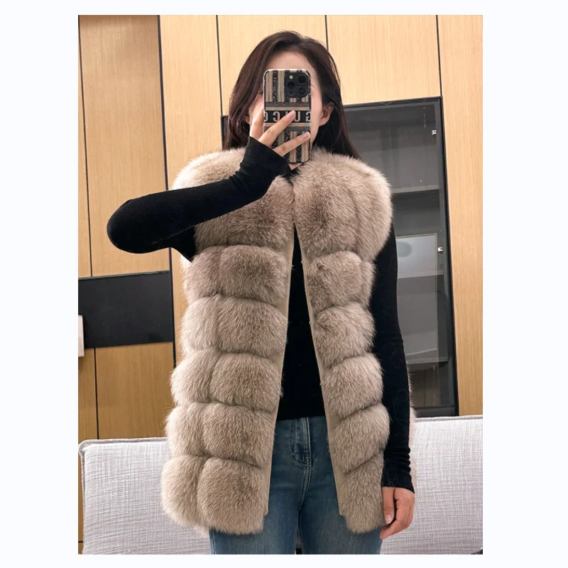 2024Natural Real Fox Fur MediumLength Overcoat  Women\'s Warm Winter Jacket Vest  Luxury Furry   Autumn Big Size Solid Color Coat