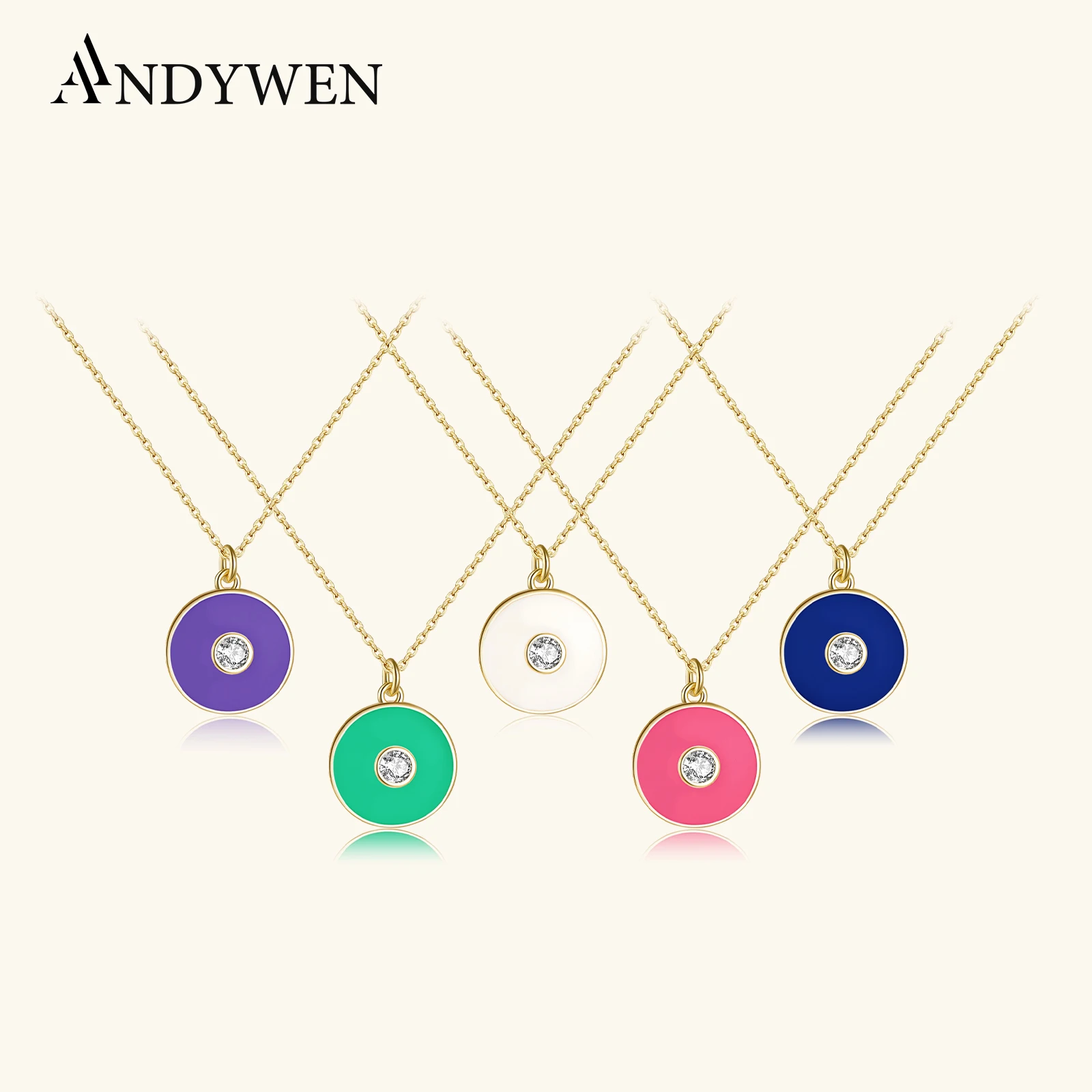 

ANDYWEN New 925 Sterling Silver Gold Rose Red Enamel Coins Pendant Crystal Rock Punk 2021 Luxury Jewels Evil Eyes Jewelry