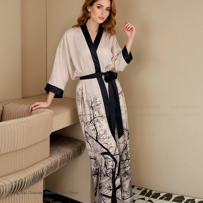 

Spring Autumn New Long Robe Elegant Print Flower Bathrobe Female Sleepwear Half Sleeve Kimono Gown Homewear Nightgown Loungewear